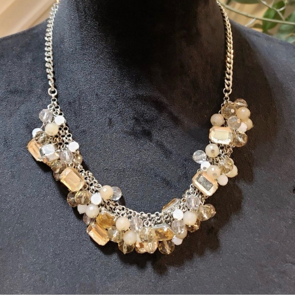 LOFT Set Statement Beaded Dangle Pearl Gem Silver Tone Collar Necklace Earrings